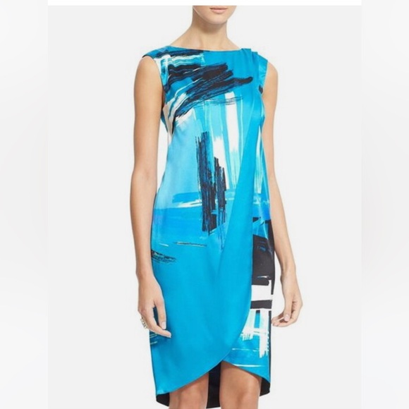 ST JOHN Brushstroke Stretch Silk Charmeuse Draped Cyan/Black Dress, Size 2 - Picture 4 of 16